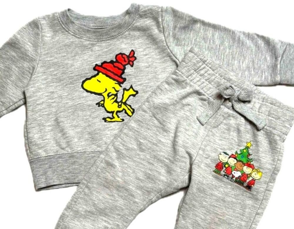 Peanuts 12m Gray Sweatshirt Sweatpants Set Woodstock Snoopy Christmas outfit